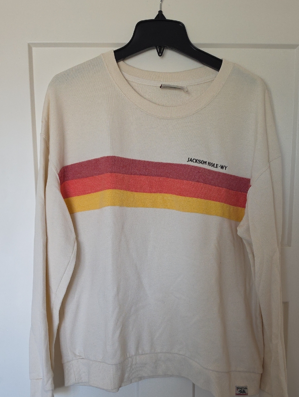 Jackson Hole, WY Cream Crewneck Sweater with Red and Yellow Stripes